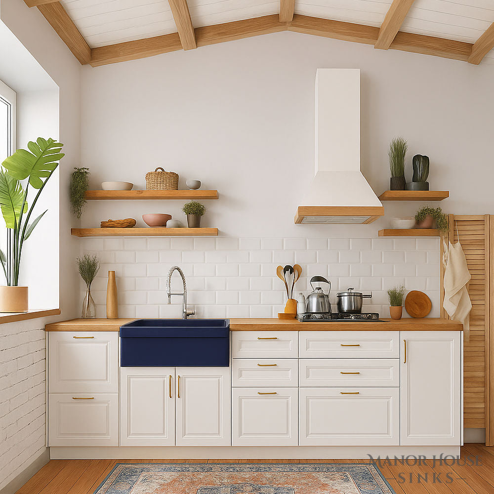 WHITEHAUS 30" Farmhaus Fireclay Quatro Alcove Reversible Sink WHQ530-BLUE