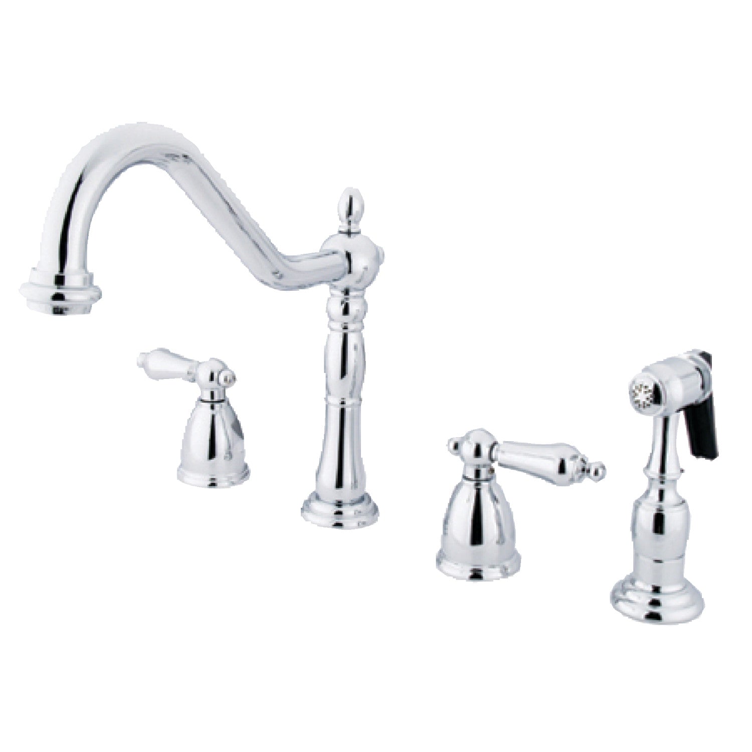 Kingston Brass "Polished Chrome" widespread kitchen faucet  set on a white background