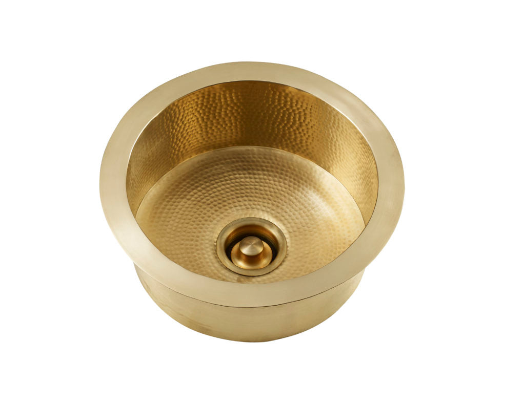 Thompson De La Cruz hand-hammered semi-satin brass bar and prep sink PU-1708HPB, three-quarter view from above