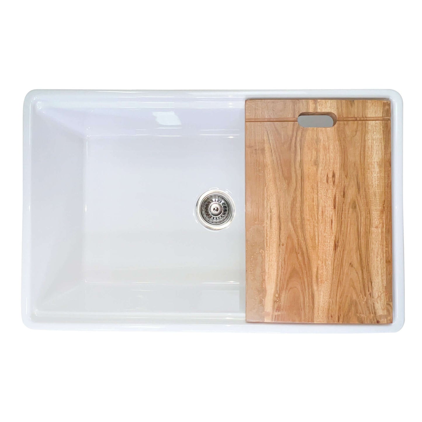Nantucket 30" Single Bowl Workstation Fireclay Sink with Cuttingboard - Dennis30SG top view with wooden cutting board