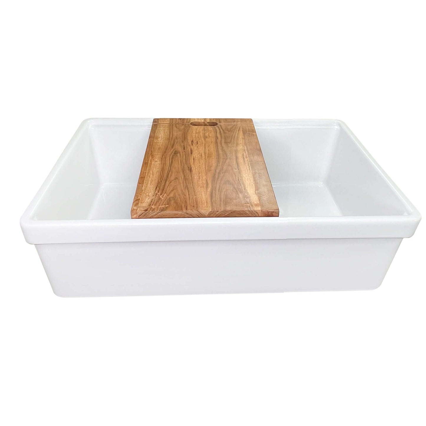 Nantucket 30" Single Bowl Workstation Fireclay Sink with Cuttingboard - Dennis30SG front view with wooden cutting board