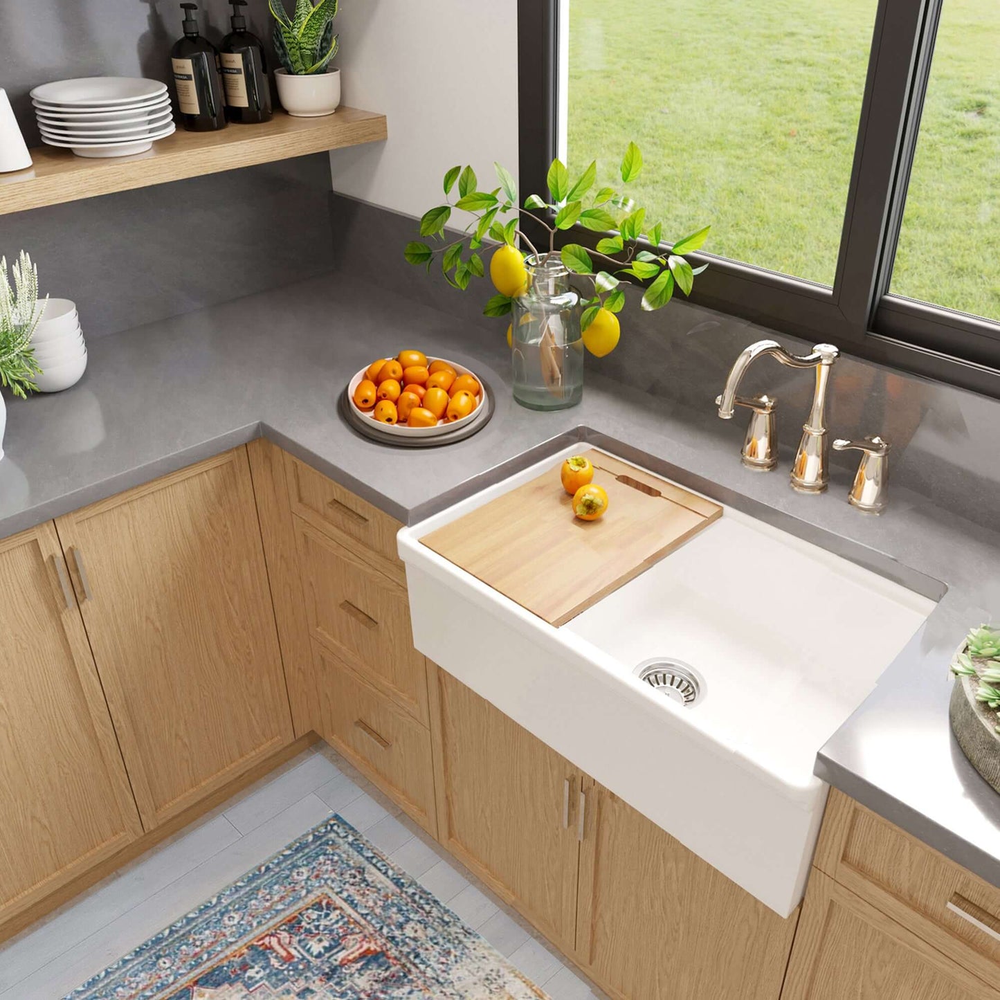 Nantucket 30" Single Bowl Workstation Fireclay Sink with Cuttingboard - Dennis30SG front view with kitchen decor and fruits.