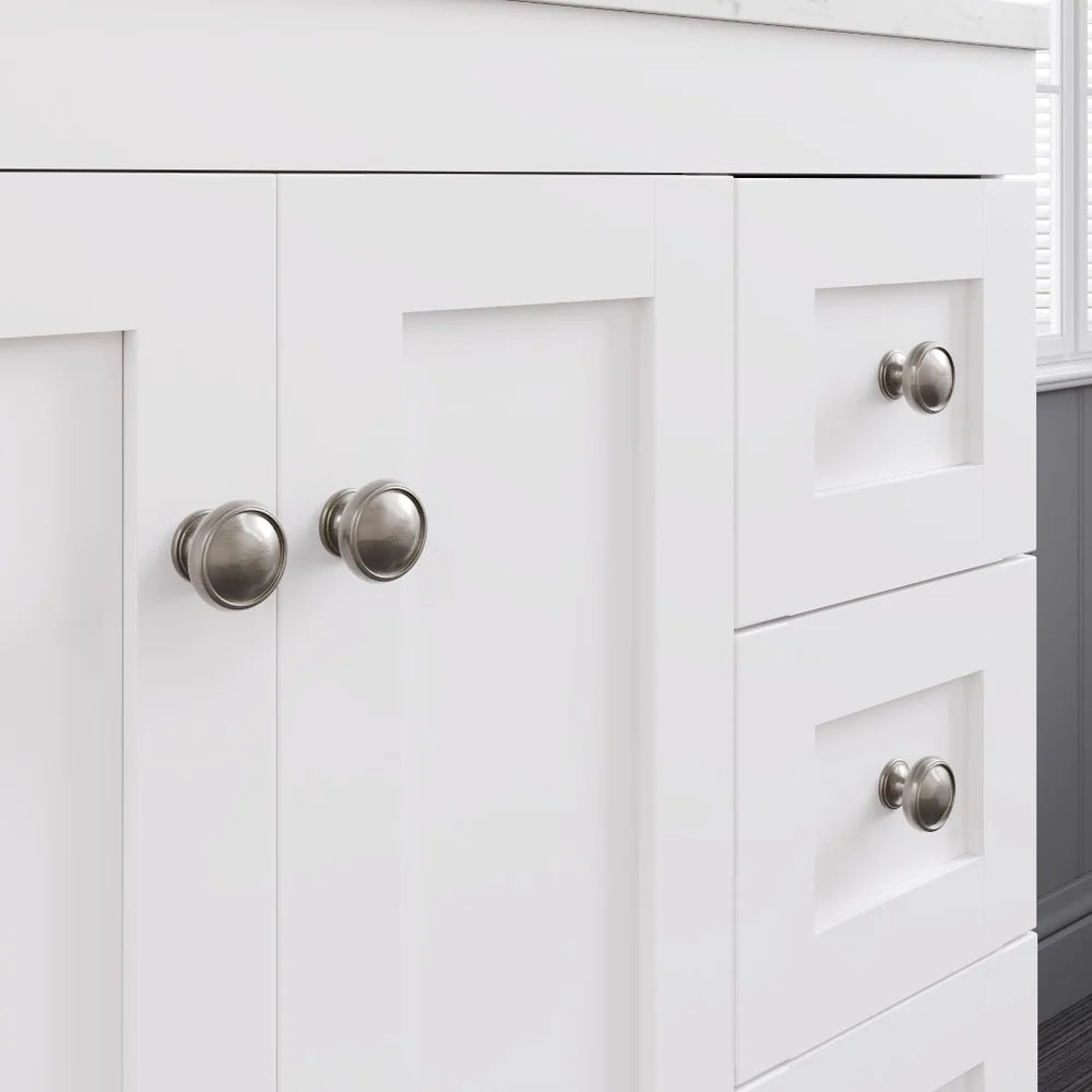 Closeup of Eviva Acclaim 24" vanity in white showing brushed nickel knobs