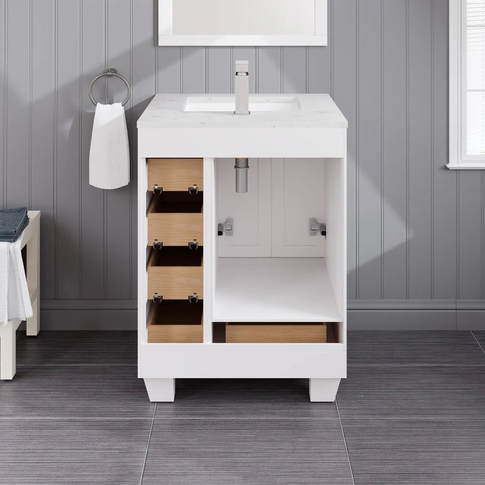 Reverse view of Eviva Acclaim single sink 24" vanity in white showing open back for easy plumbing access