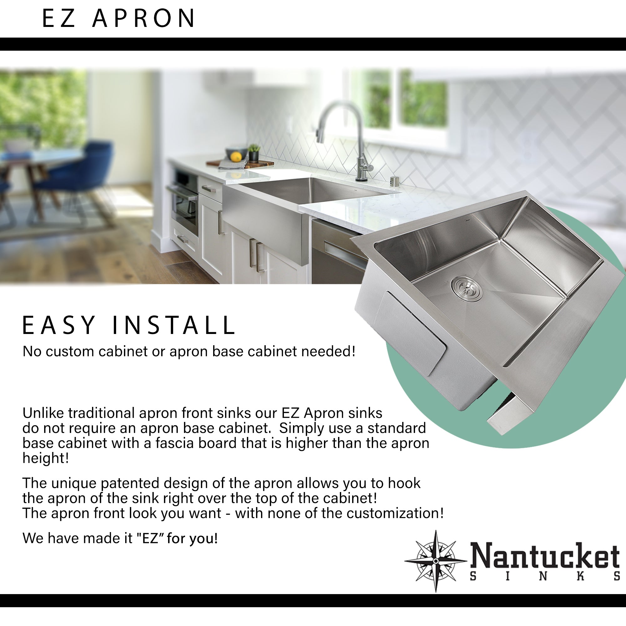 Nantucket EZApron retrofit apron front sink installed in existing cabinet