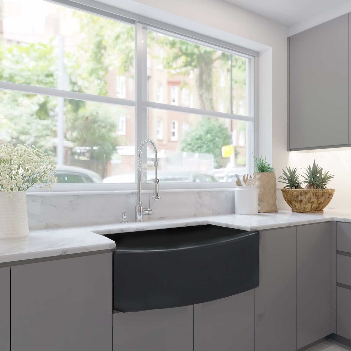Nantucket Sinks 33" Farmhouse Fireclay Sink with Curved Apron - FCFS3320CA-MB showcased in a modern kitchen.