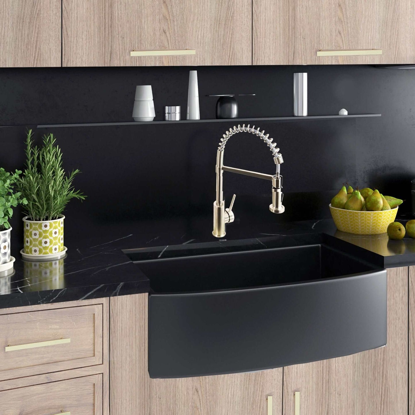 Nantucket Sinks 33" Farmhouse Fireclay Sink with Curved Apron - FCFS3320CA-MB in modern kitchen design.