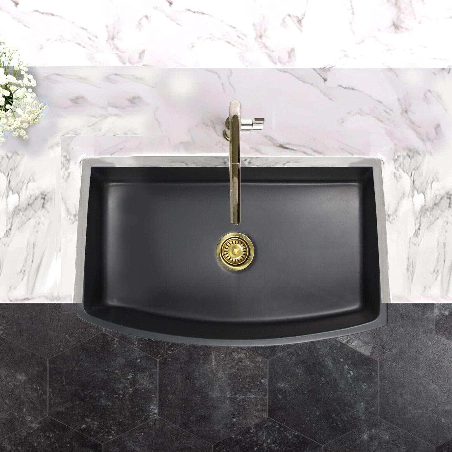 Nantucket Sinks 33" Farmhouse Fireclay Sink with Curved Apron - FCFS3320CA-MB displayed on elegant marble countertop.