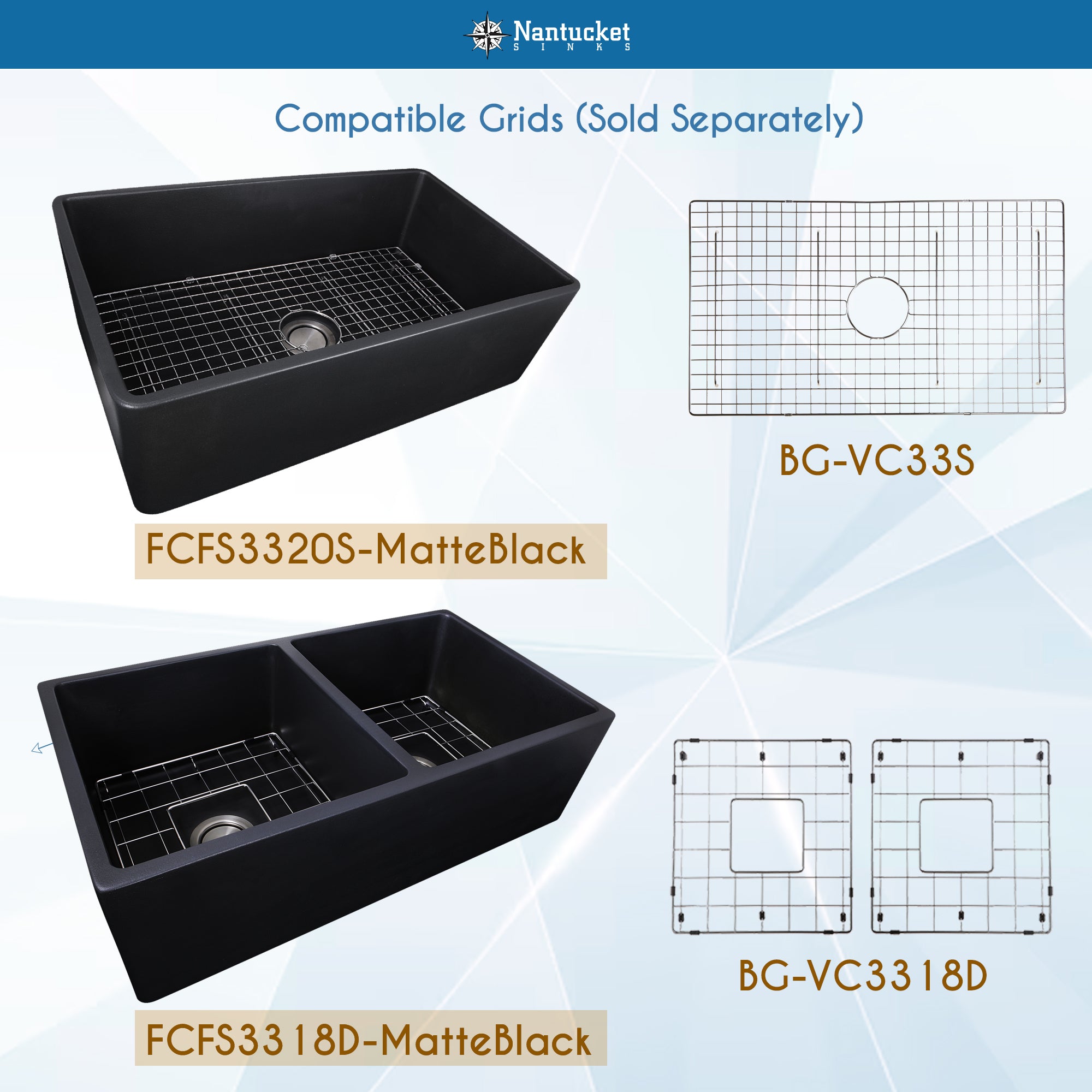Nantucket 33-inch matte black fireclay farmhouse sink bottom grids