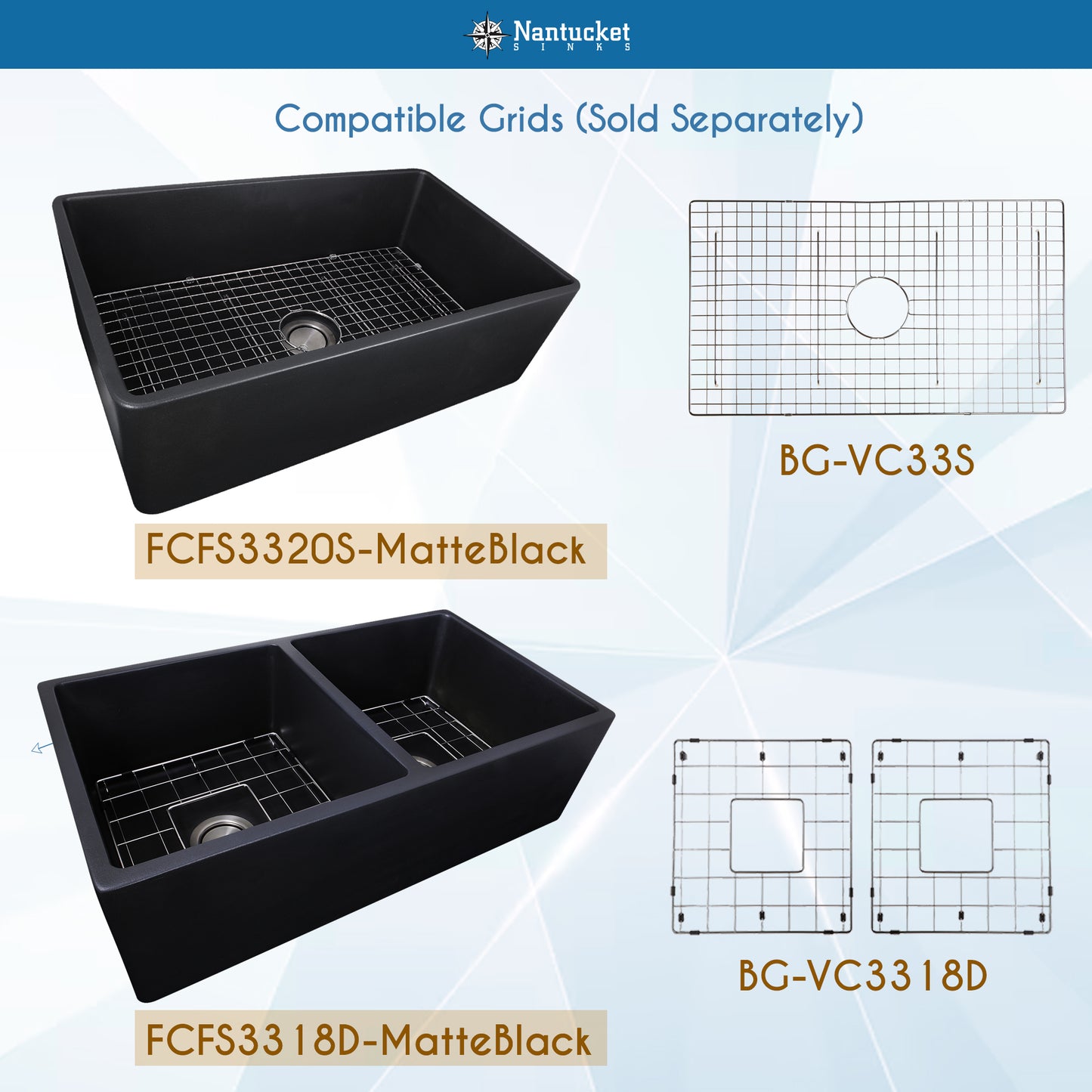 Nantucket 33-inch matte black fireclay farmhouse sink bottom grids
