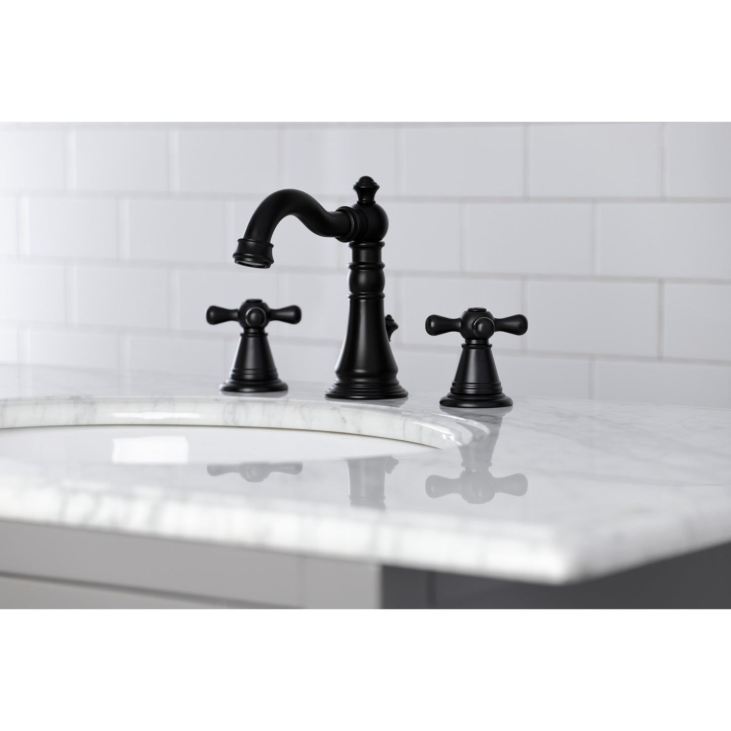KINGSTON Brass Widespread Bathroom Faucet with Pop-Up Drain - FSC1979AAX in black finish, right side view on a marble countertop.