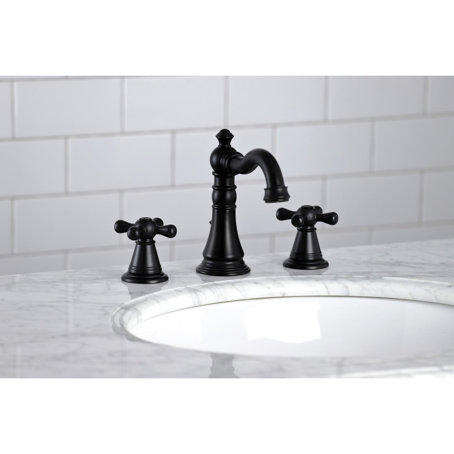 KINGSTON Brass Widespread Bathroom Faucet with Pop-Up Drain - FSC1979AAX in elegant black finish side view on marble countertop.