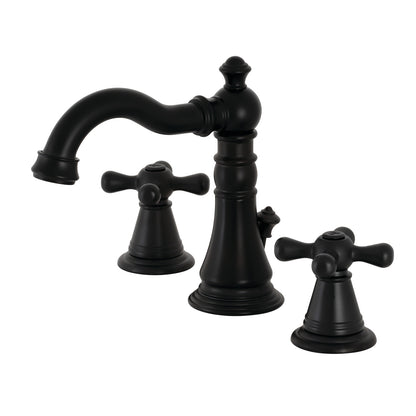KINGSTON Brass Widespread Bathroom Faucet with Pop-Up Drain - FSC1979AAX in matte black with Victorian design, front view.