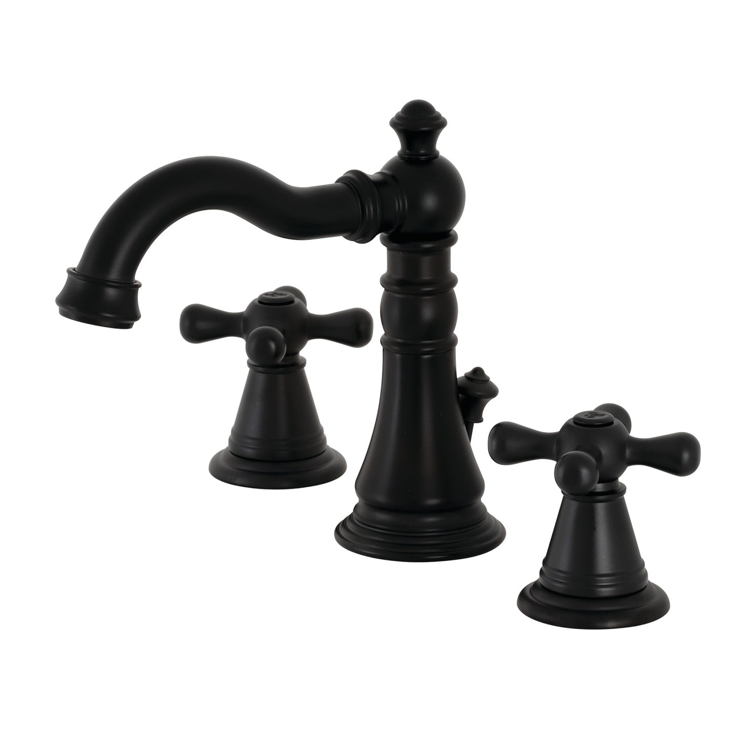 KINGSTON Brass Widespread Bathroom Faucet with Pop-Up Drain - FSC1979AAX in matte black with Victorian design, front view.