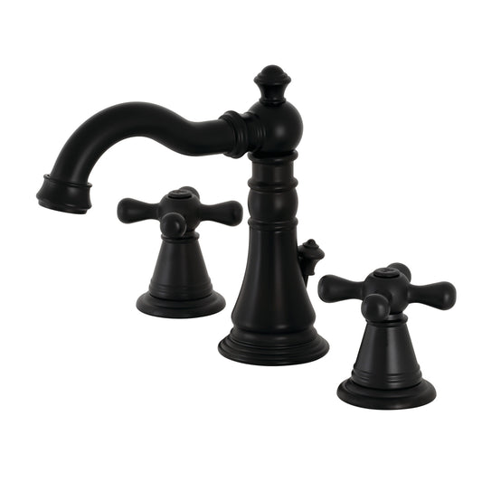 KINGSTON Brass Widespread Bathroom Faucet with Pop-Up Drain - FSC1979AAX in matte black with Victorian design, front view.