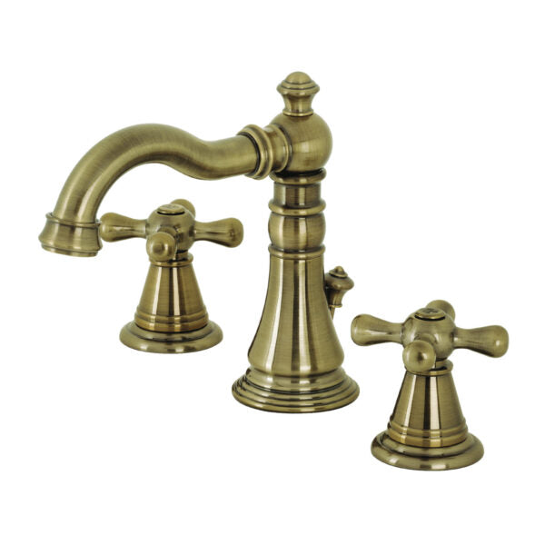 KINGSTON Brass Widespread Bathroom Faucet with Pop-Up Drain - FSC1979AAX right side view showcasing Victorian design.