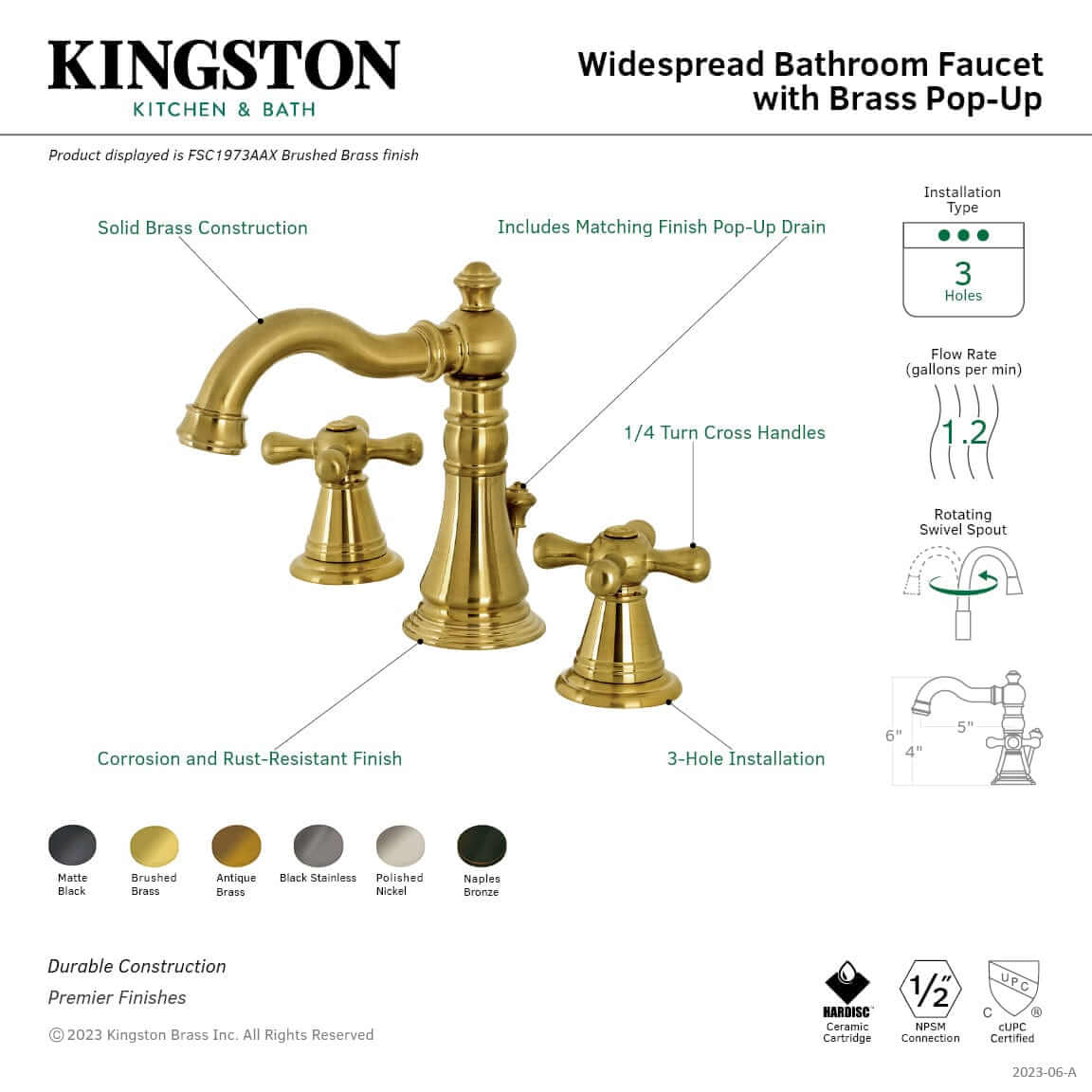 KINGSTON Brass Widespread Bathroom Faucet with Pop-Up Drain - FSC1979AAX displayed from the front highlighting its elegant design and features.