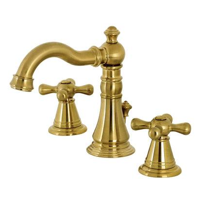 Kingston Brass FSC1973AAX brushed brass widespread bathroom faucet with a high arch and two cross handles, against a white background.