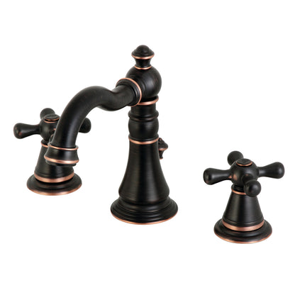 KINGSTON Brass Widespread Bathroom Faucet with Pop-Up Drain - FSC1979AAX, top view showcasing elegant Victorian design.
