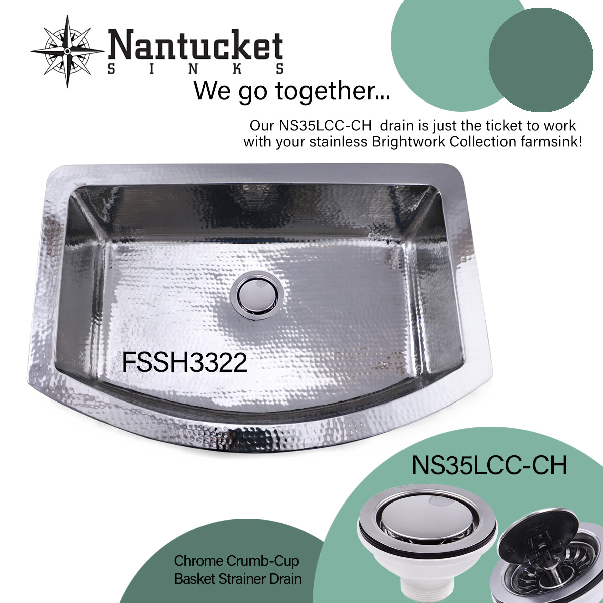 Nantucket FSSH3322 hammered stainless farmhouse sink drain