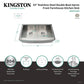 Feature sheet for Kingston stainless steel double bowl apron front farmhouse kitchen sink with dimensions