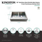 Kingston Brass stainless steel kitchen sink with dimensions and features on a white background