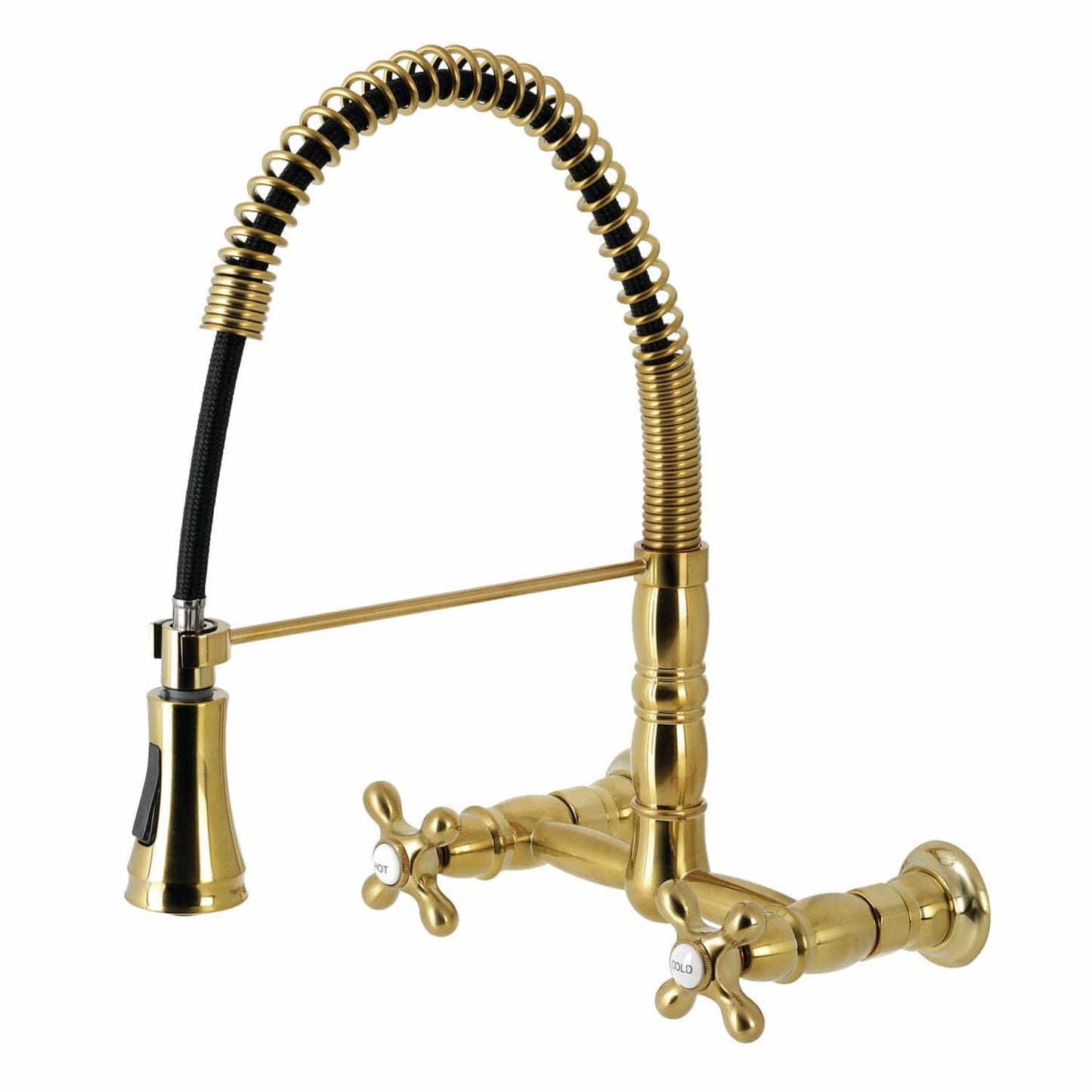 KINGSTON Brass Gourmetier Heritage Two-Handle Wall-Mount Pull-Down Sprayer Kitchen Faucet - Brushed Brass
