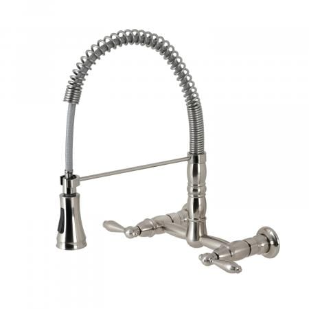KINGSTON Brass Gourmetier Heritage Two-Handle Wall-Mount Pull-Down Sprayer Kitchen Faucet - Brushed Nickel