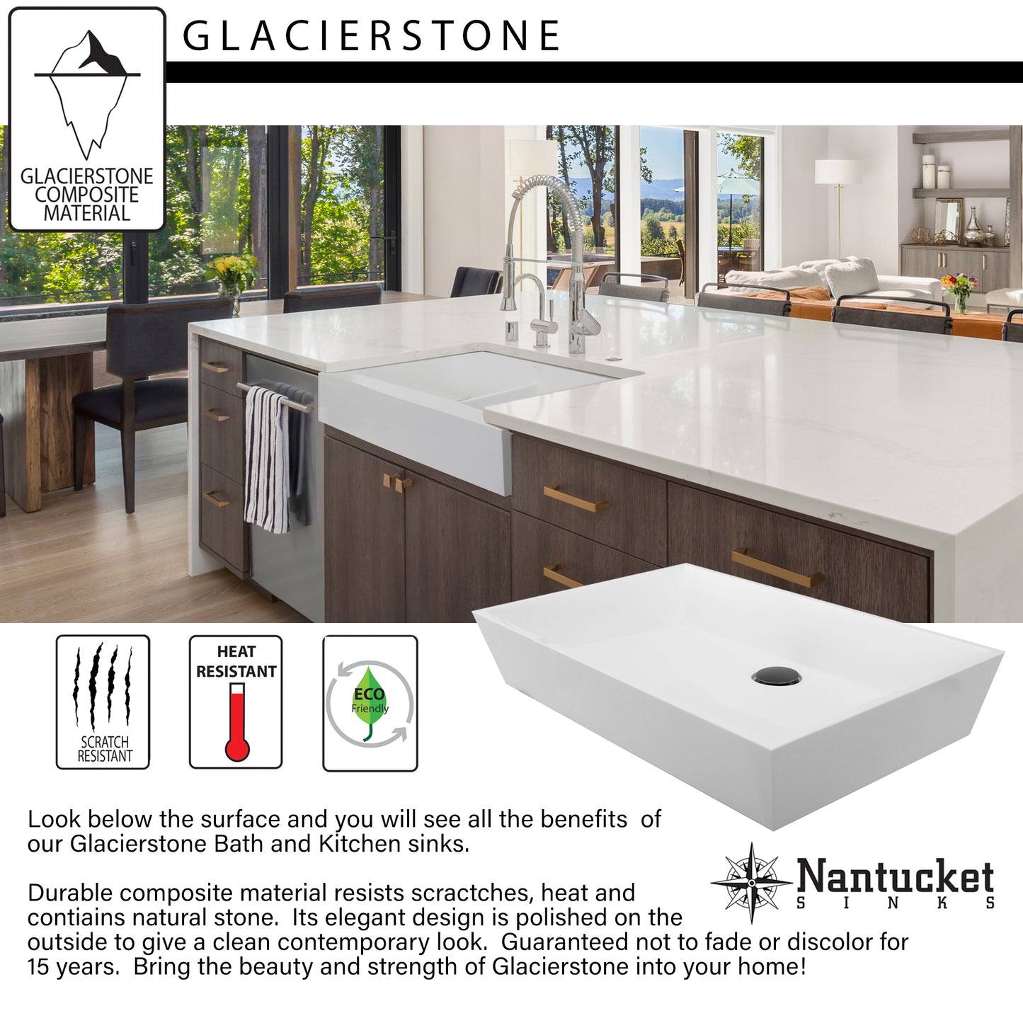 Nantucket Rectangle White Glacierstone Sink - NS-GSTR36