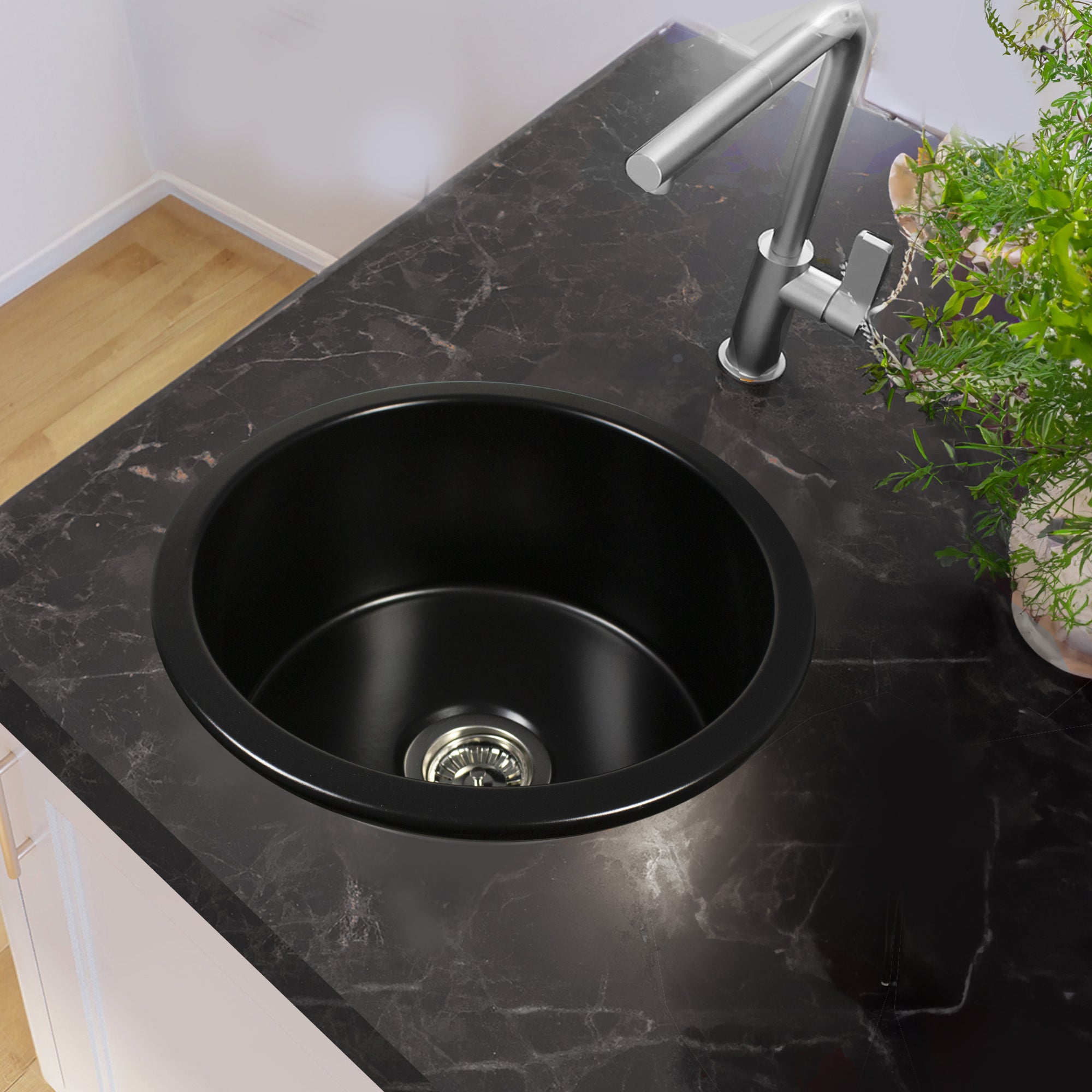 Nantucket Hyannis-18MB 18-inch matte black round fireclay bar-prep sink, installed