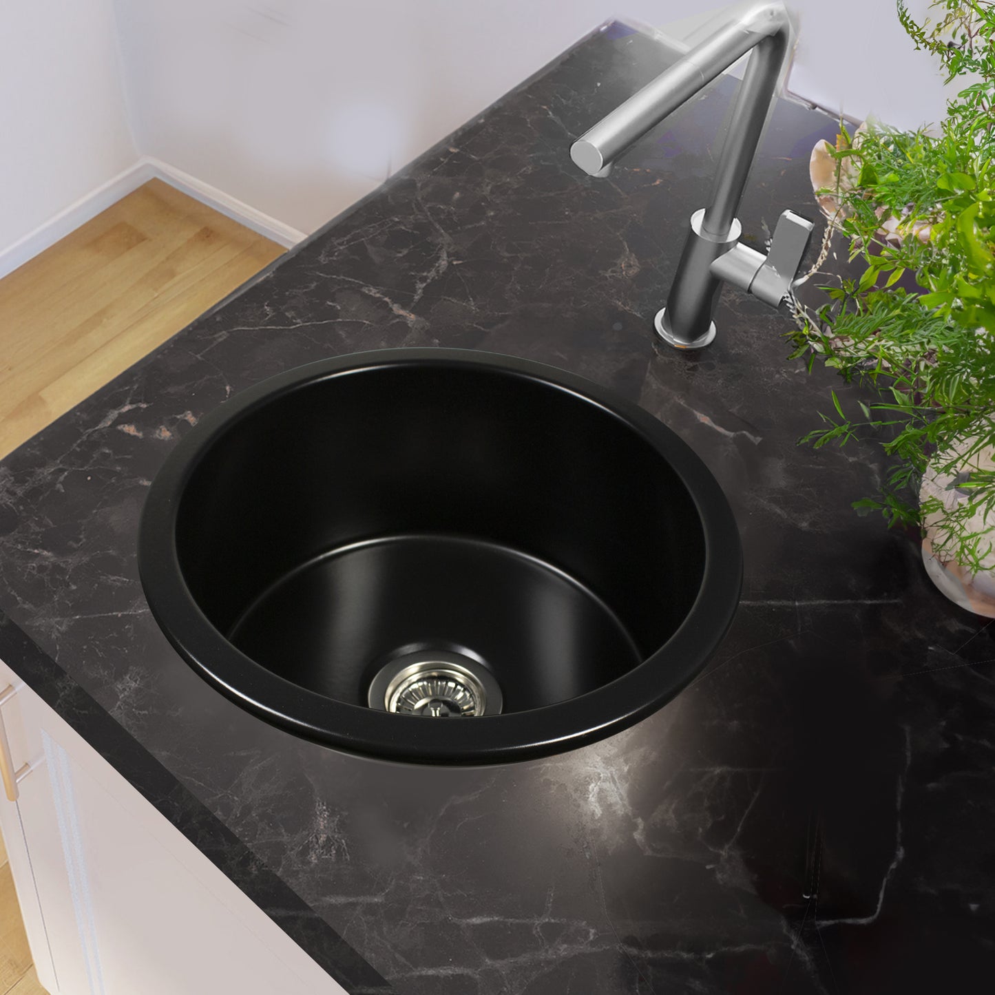 Nantucket Hyannis-18MB 18-inch matte black round fireclay bar-prep sink, installed