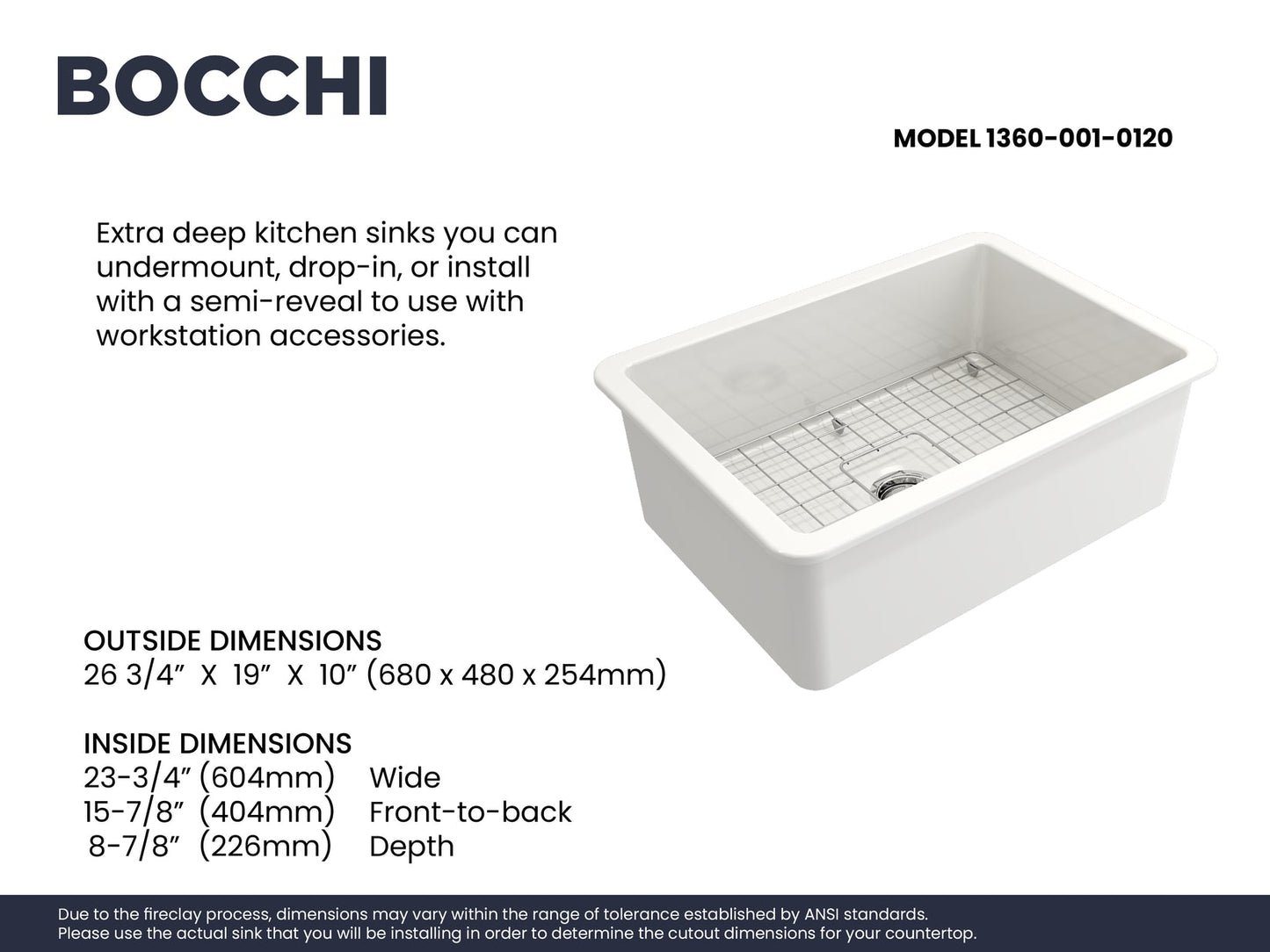 Dimension Feature Sheet for Bocchi Sotto 27" Fireclay Sink