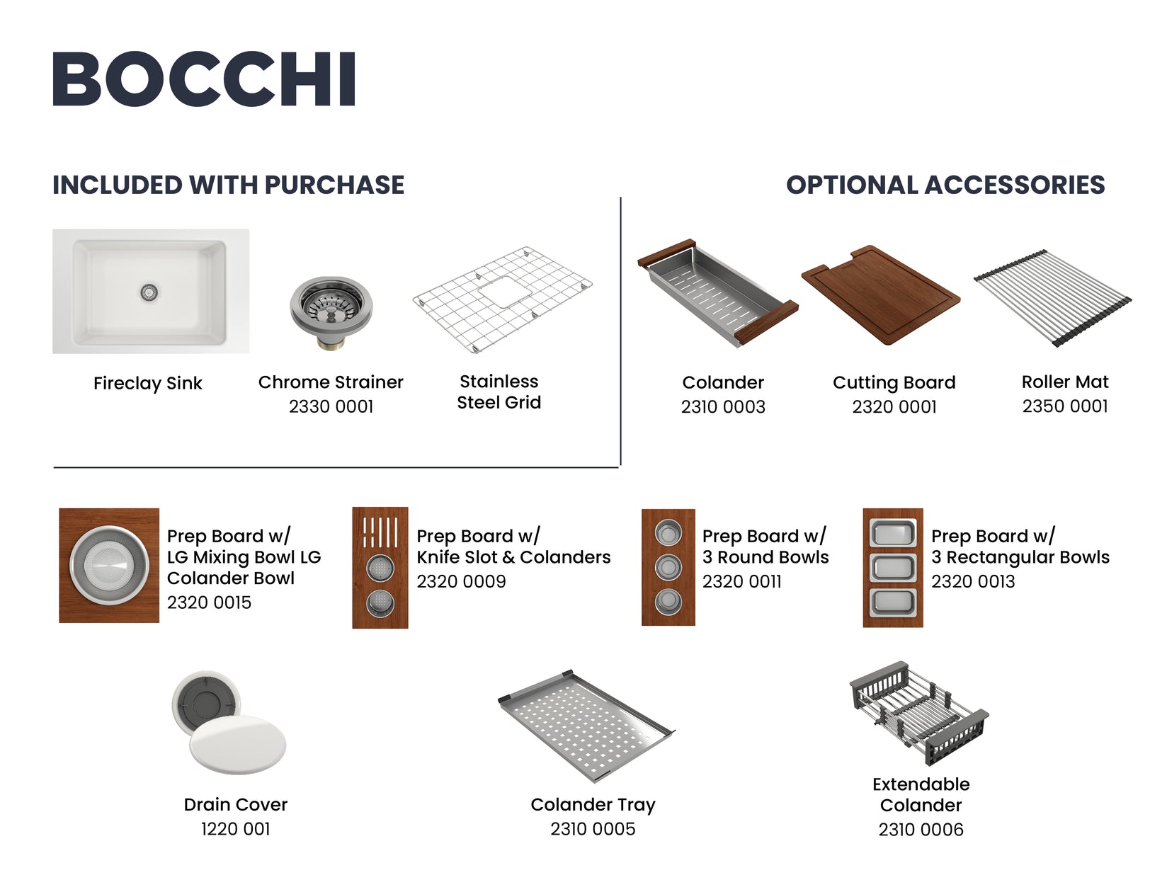 Bocchi Sotto 27" Sink Brochure showing included and available accessories