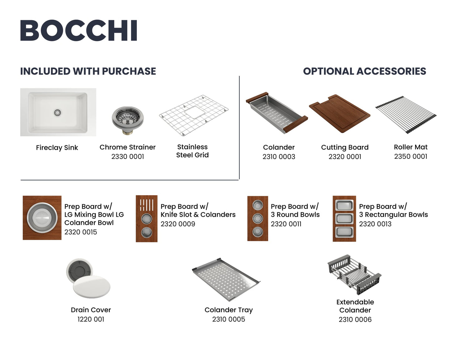 Bocchi Sotto 27" Sink Brochure showing included and available accessories