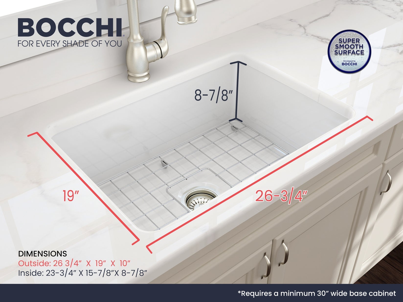 Dimensions for Bocchi Sotto 27" Fireclay Kitchen Sink