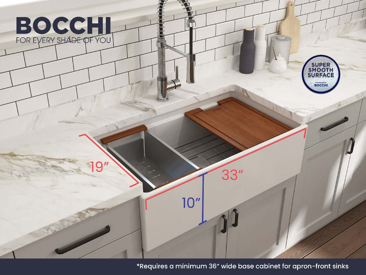 Lifestyle image with outer dimensions of white BOCCHI CONTEMPO 33" Fireclay Farmhouse sink with workstation ledge.