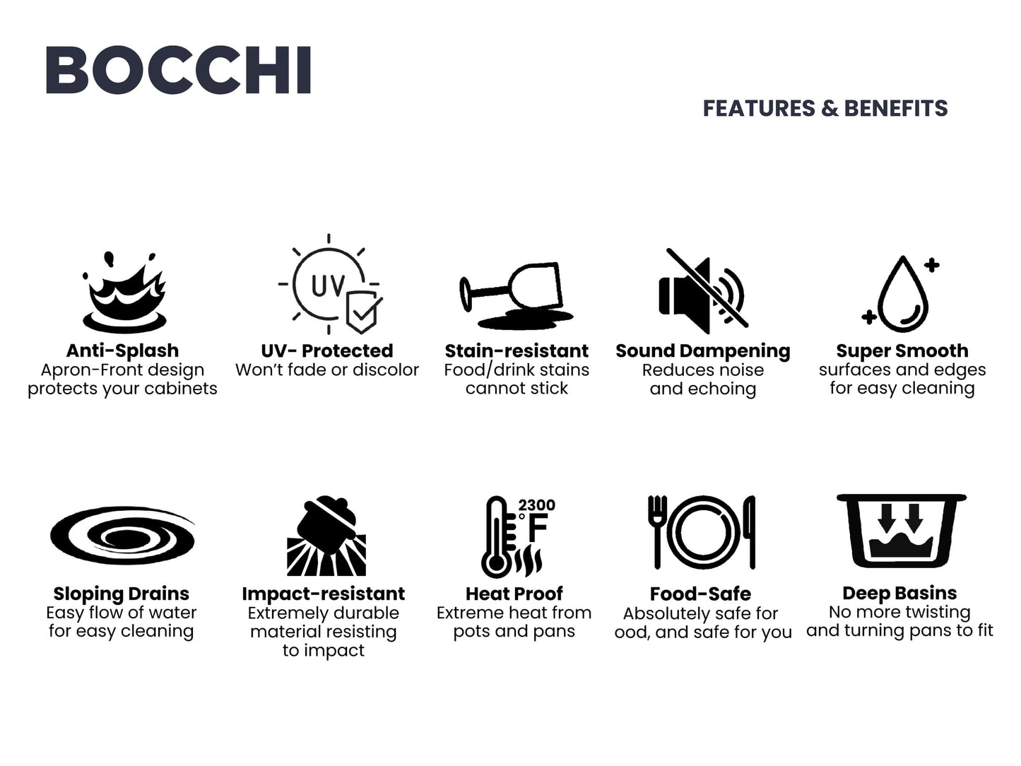 Features and Benefits sheet for Bocchi Contempo 33" Firelay Farmhouse Sink.