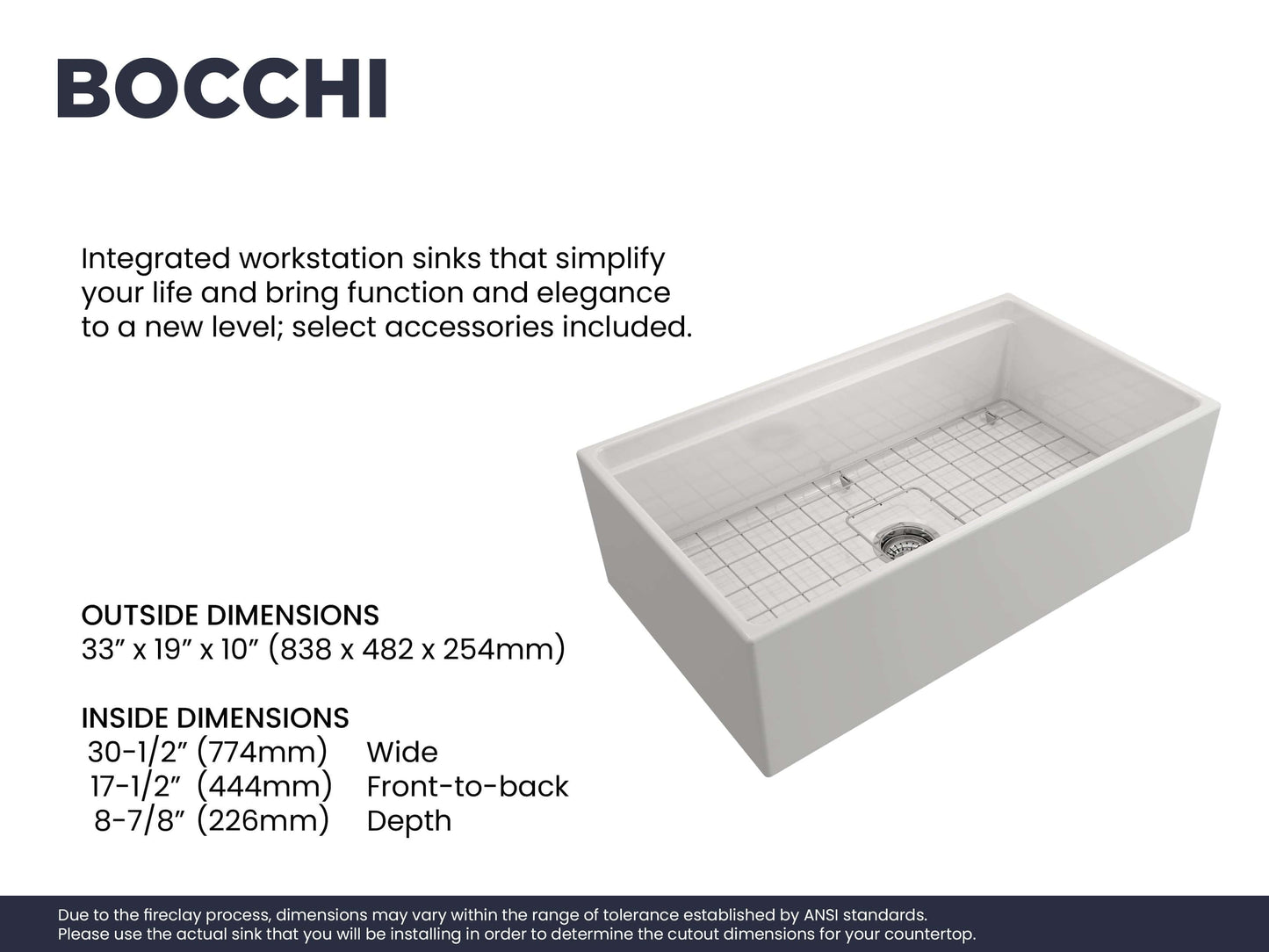 Feature sheet for BOCCHI Contempo 33 inch sink in white detailing inside and outside dimensions.