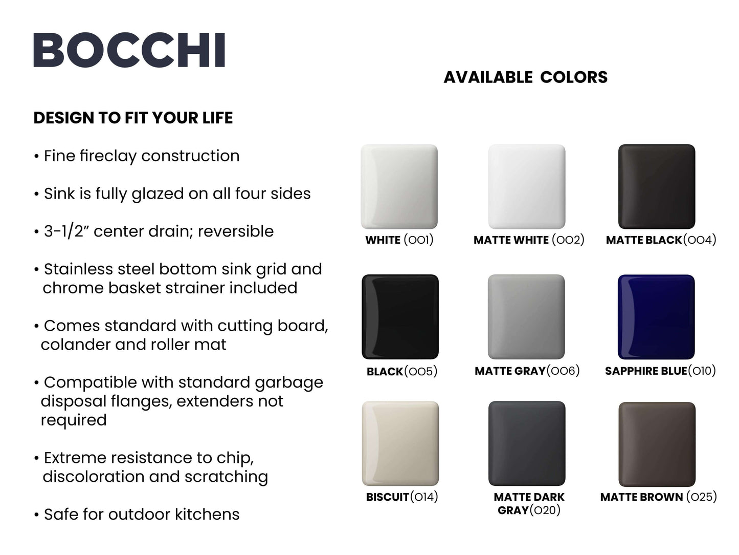 Color comparison and feature sheet for BOCCHI CONTEMPO 33" Fireclay Farmhouse sink with workstation ledge and accessories showing color swatches.