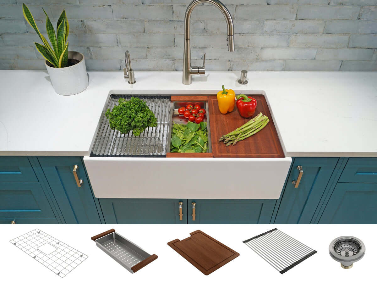 Lifestyle image of Bocchi Contempo 33" sink in a modern kitchen with accessories in use & expanded view of included accessories.