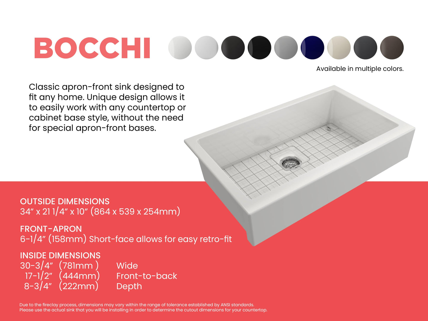 BOCCHI NUOVA 34" Single Bowl Kitchen Sink with Protective Bottom Grid and Strainer dimensions and features.