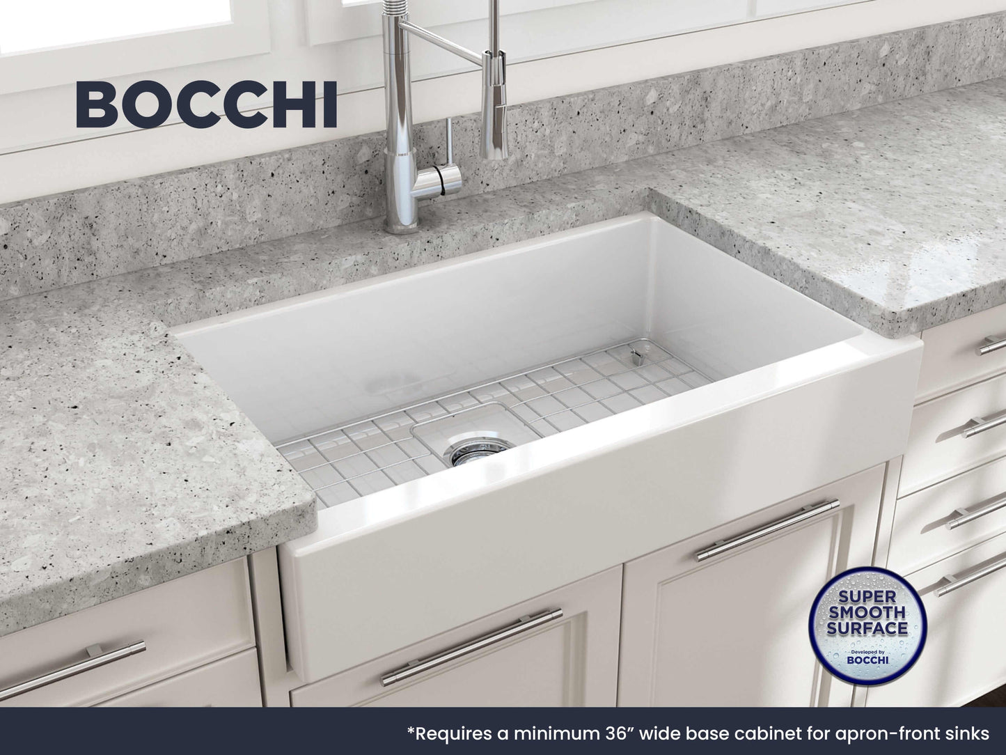 BOCCHI NUOVA 34" Single Bowl Kitchen Sink with Protective Bottom Grid and Strainer in modern kitchen setting.