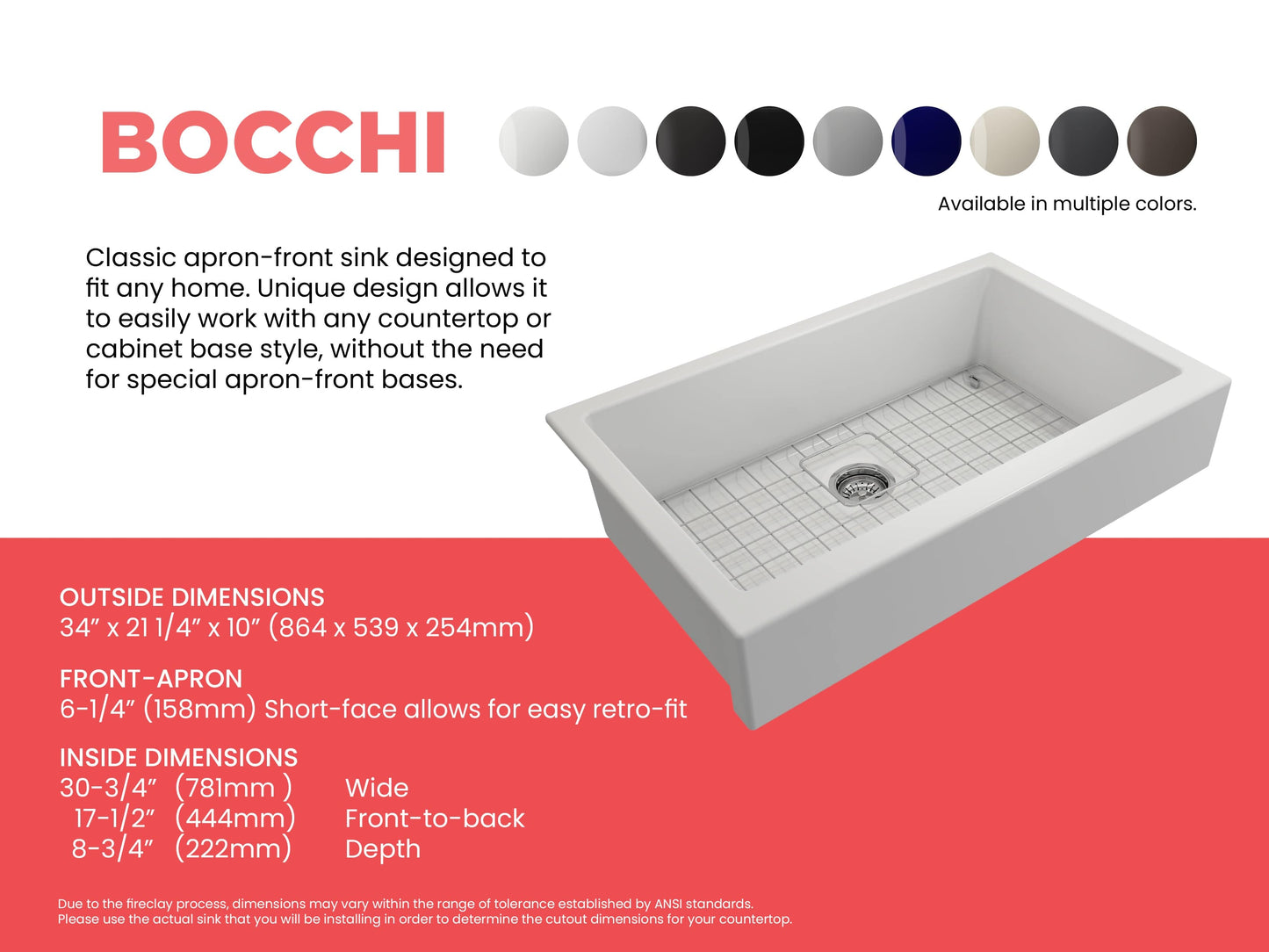 BOCCHI NUOVA 34" Single Bowl Kitchen Sink with Protective Bottom Grid and Strainer dimensions and design details.