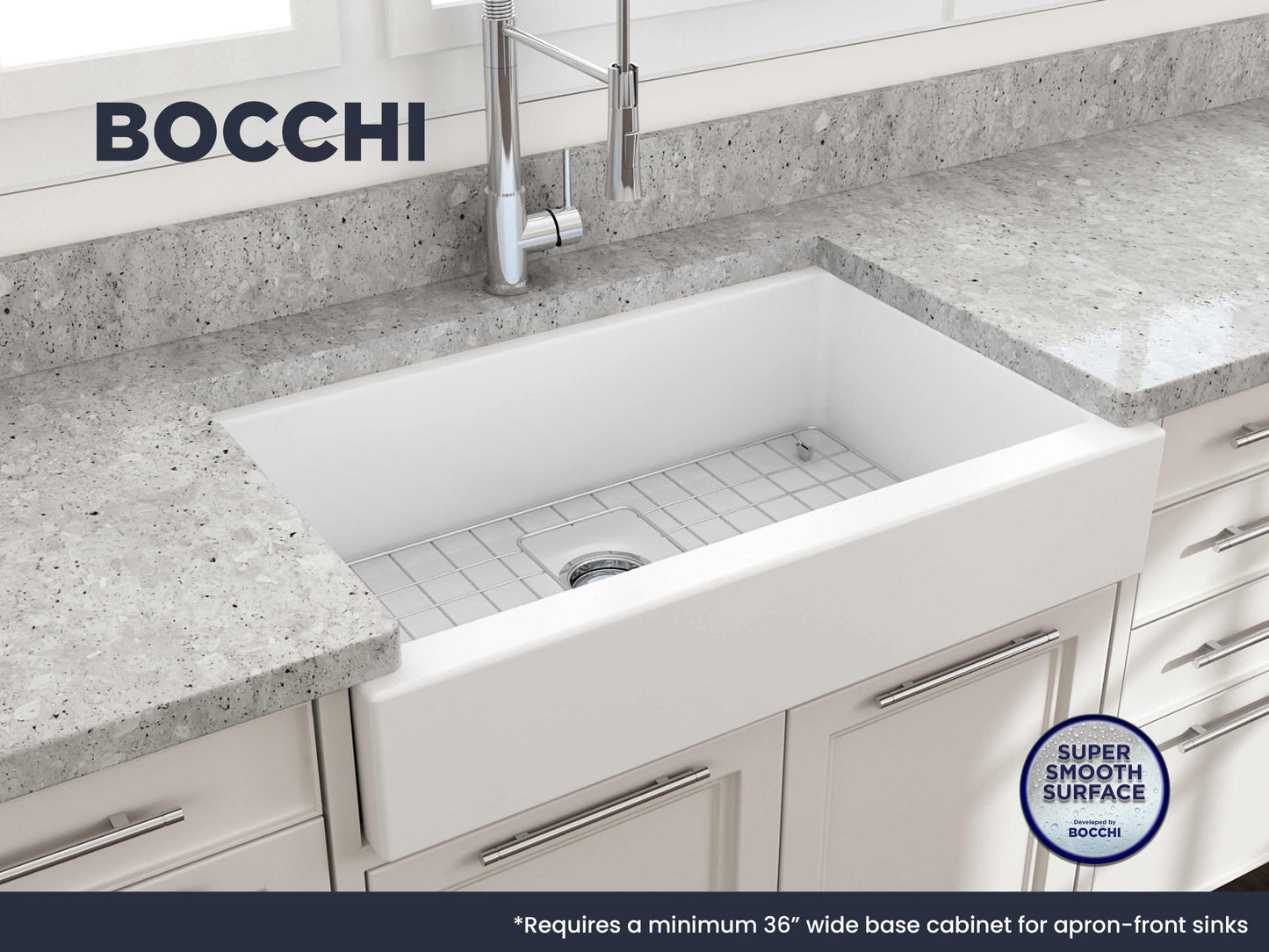 BOCCHI NUOVA 34" Single Bowl Kitchen Sink with Protective Bottom Grid and Strainer installed in a modern kitchen.