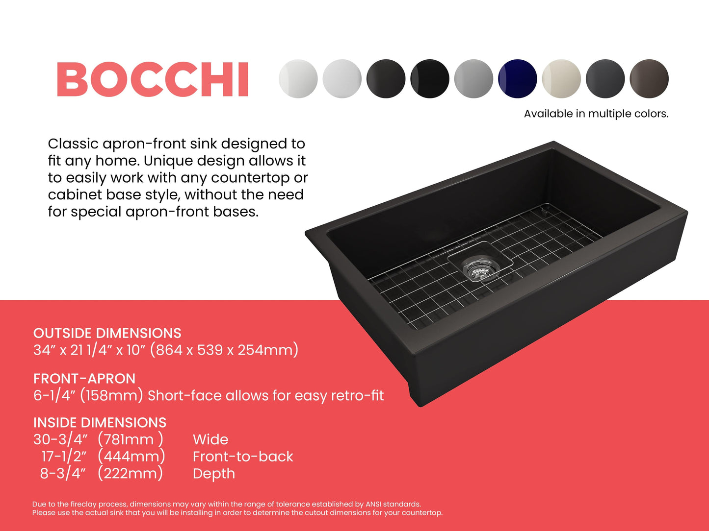 BOCCHI NUOVA 34" Single Bowl Kitchen Sink with Protective Bottom Grid and Strainer specifications and features.