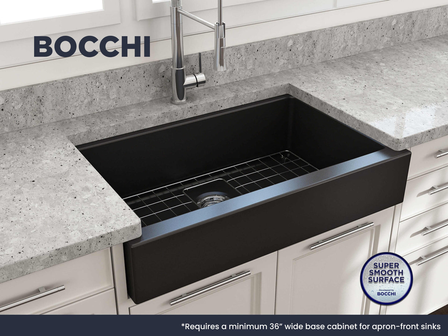 BOCCHI NUOVA 34" Single Bowl Kitchen Sink with Protective Bottom Grid and Strainer in a modern kitchen setting.
