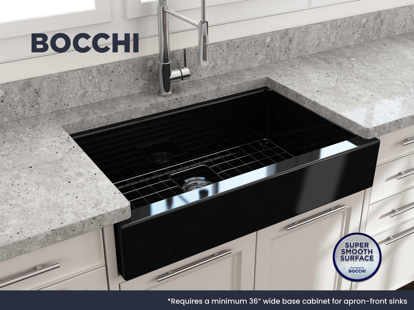 BOCCHI NUOVA 34" Single Bowl Kitchen Sink with Protective Bottom Grid and Strainer installed in a modern kitchen.
