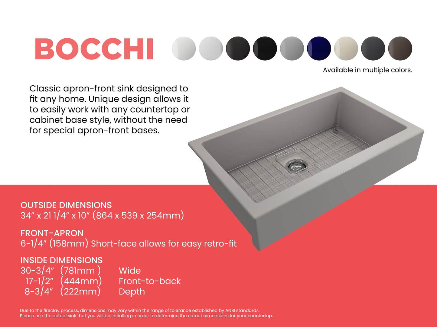 BOCCHI NUOVA 34" Single Bowl Kitchen Sink with Protective Bottom Grid and Strainer dimensions and color options.