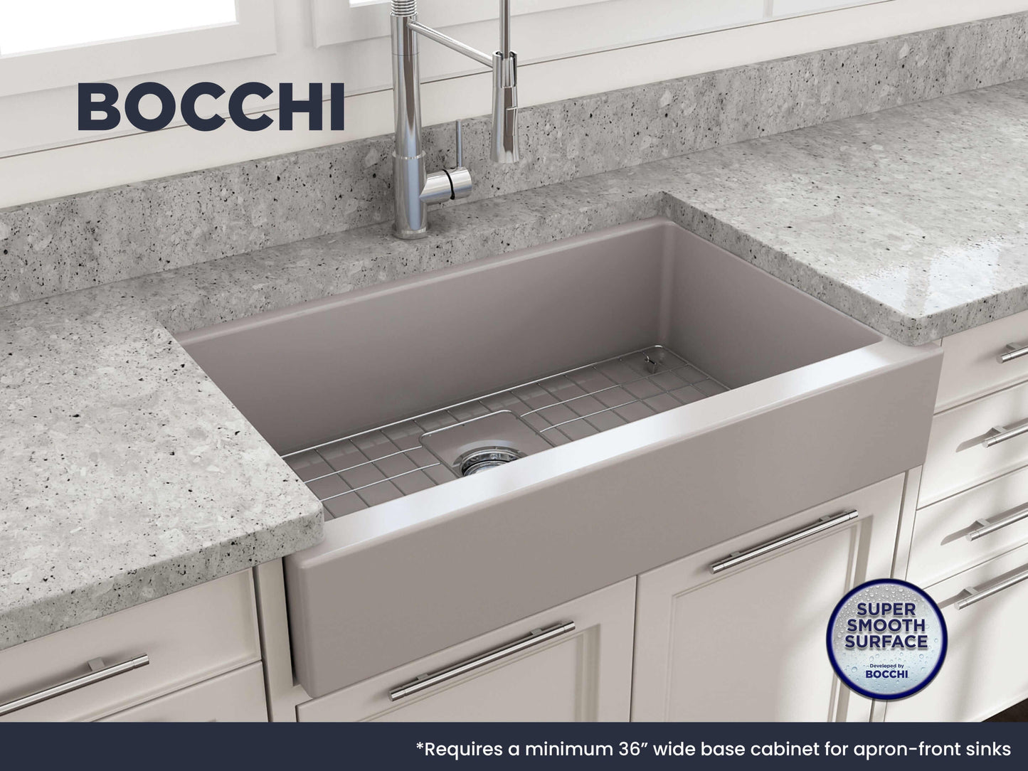 BOCCHI NUOVA 34" Single Bowl Kitchen Sink with Protective Bottom Grid and Strainer in elegant kitchen setting.