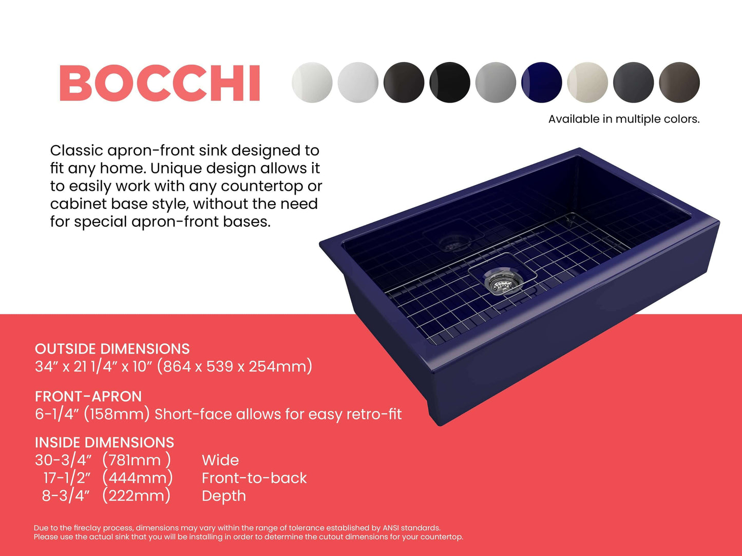 BOCCHI NUOVA 34" Single Bowl Kitchen Sink with Protective Bottom Grid and Strainer, showing classic apron-front design.